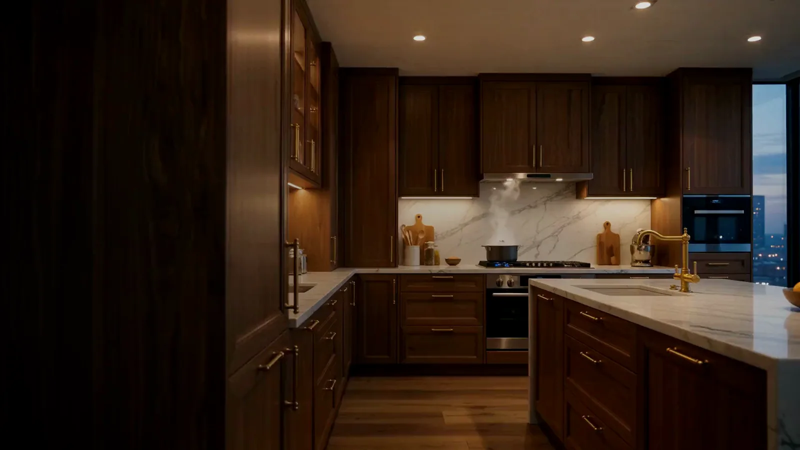 Cocina integral terminada con luz cálida
