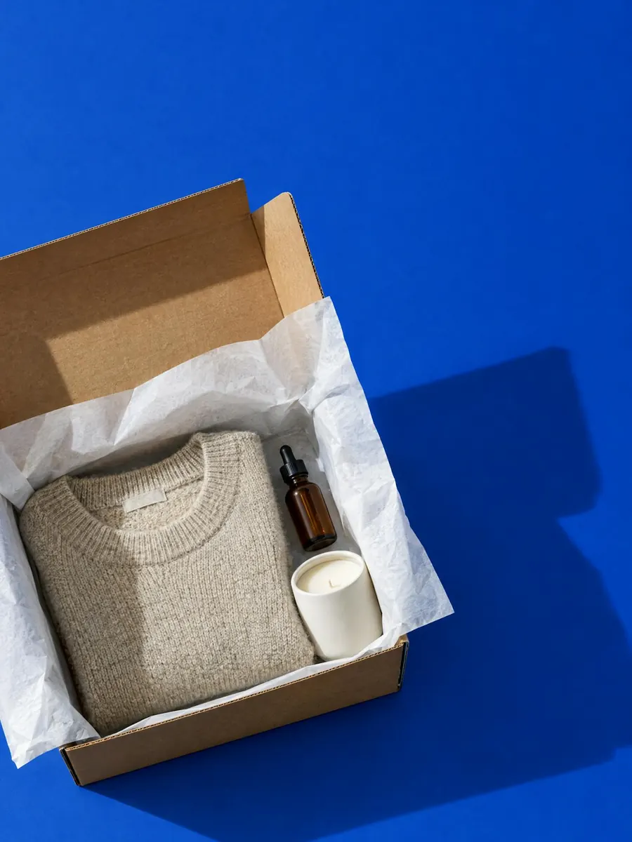 Caja de envío abierta con productos de una tienda online