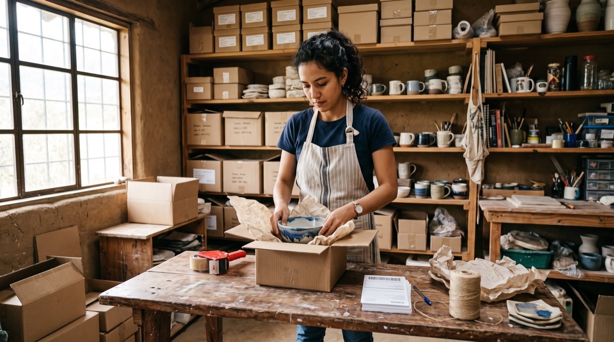 Una ceramista empaca una pieza en una caja de cartón para enviarla a un cliente