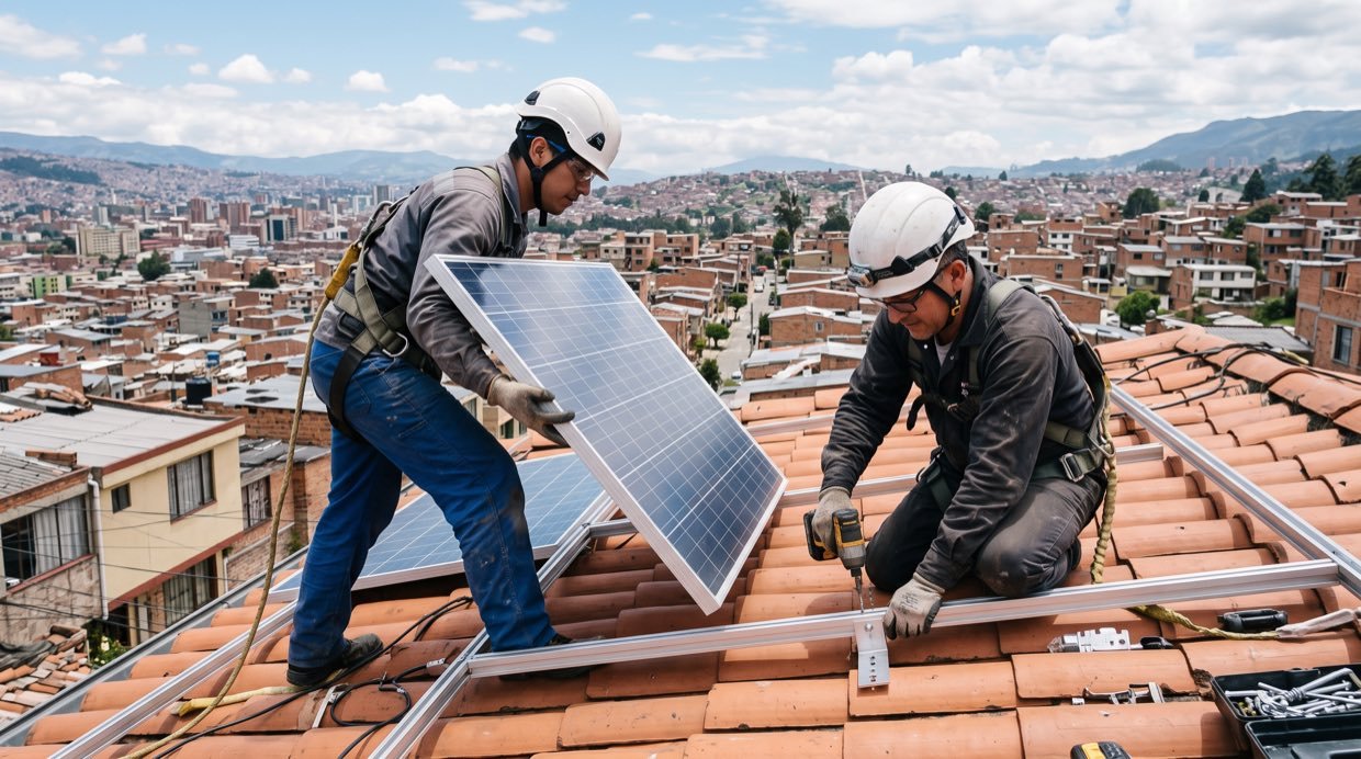 Dos técnicos montan un panel solar sobre el tejado de una casa, con la ciudad detrás