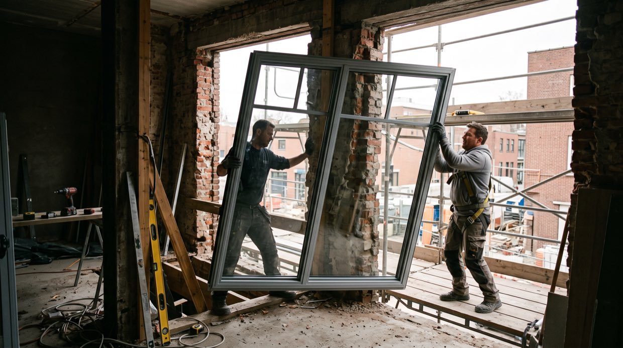 Dos instaladores levantan una ventana grande hacia el vano de un apartamento en obra
